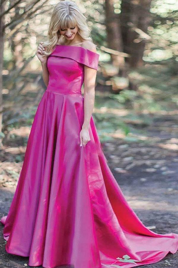 Vestido de fiesta Weitese de satén rosa con cola larga, hombros descubiertos y bolsillos.